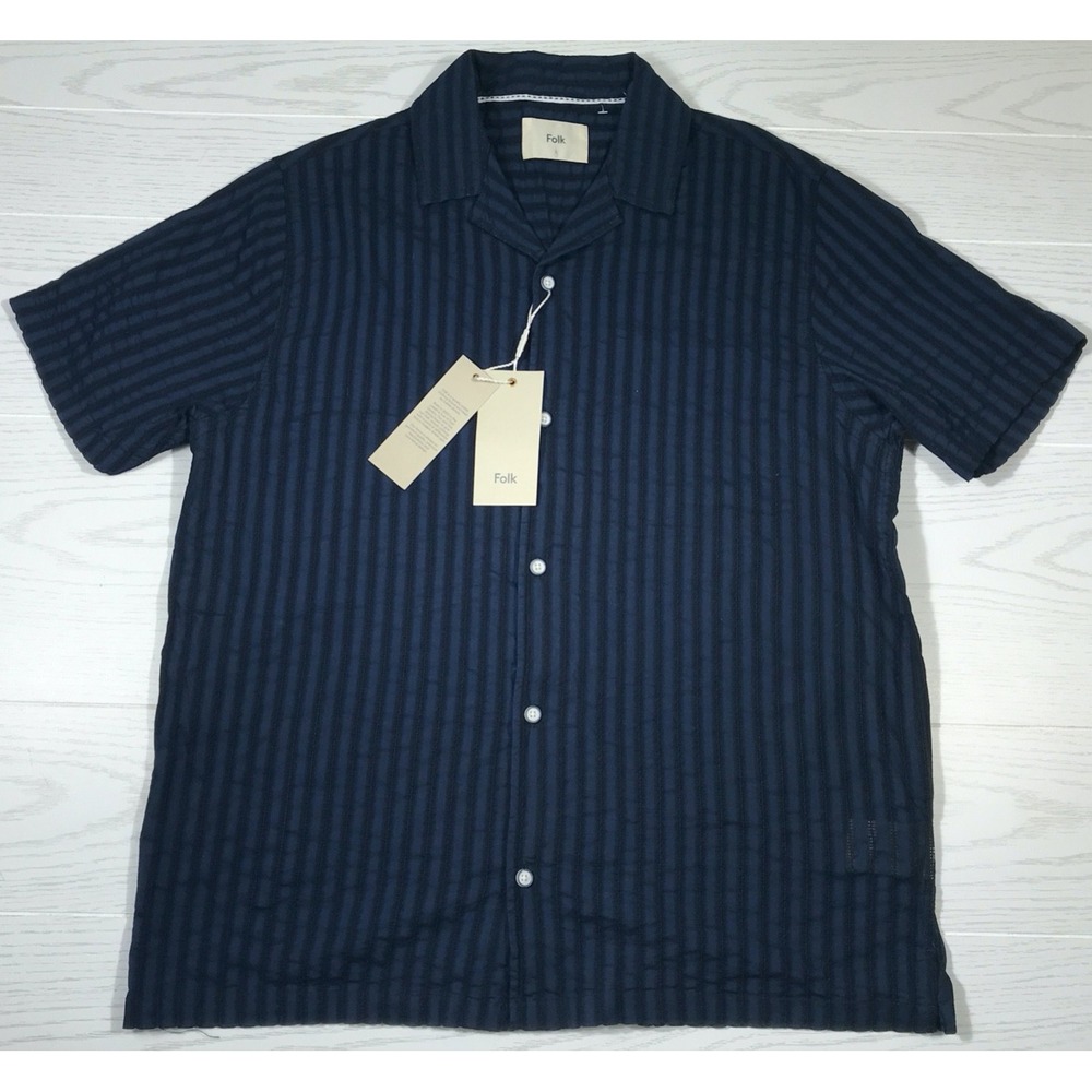 British Designer FOLK Dobby Short Sleeve Shirt Men's Large Striped Cotton New